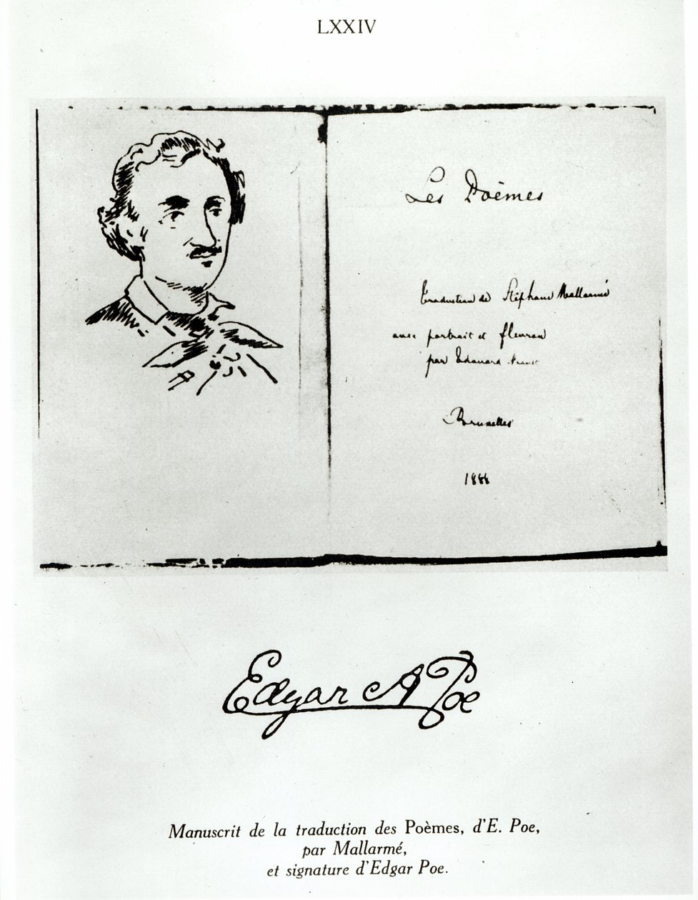 Tittelside av Les Poemes av Edgar Allan Poe (1809-49) oversatt av Stephane Mallarme (1842-98) med et portrett av forfatteren, 1888 av French School