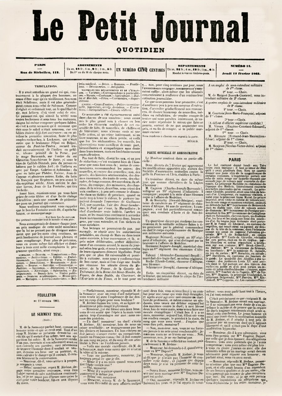 Tittelside til dagsavisen Le Petit Journal, 12. februar 1863 (trykk) av French School