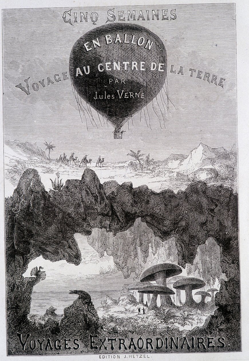 Tittelside: "" Five Weeks in Balloon" og "Journey to the Center of the Earth"" av Jules Verne, sd. Editions Hetzel under det generelle navnet "" Les Voyages Extraordinary"" av French School