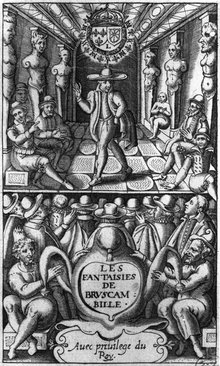 Tittelside fra Les Fantaisies de Bruscambille, utgitt 1615 av French School