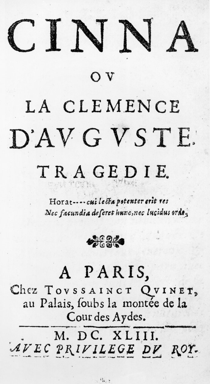 Tittelside til Cinna ou la Clemence dAuguste av Pierre Corneille (1606-84) utgitt i 1643 av French School