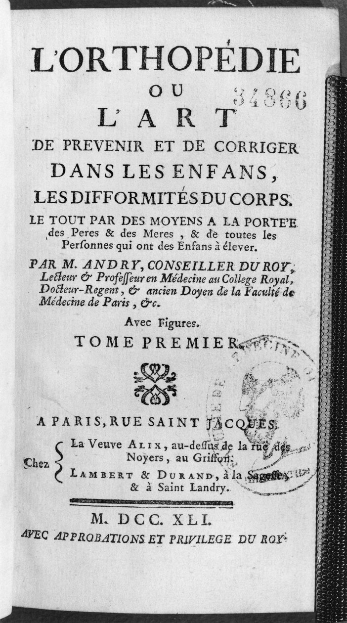 Tittelside til Ortopedi eller kunsten å forebygge og korrigere deformiteter av kroppen hos barn av Nicholas Andry (1658-1759) 1741 av French School