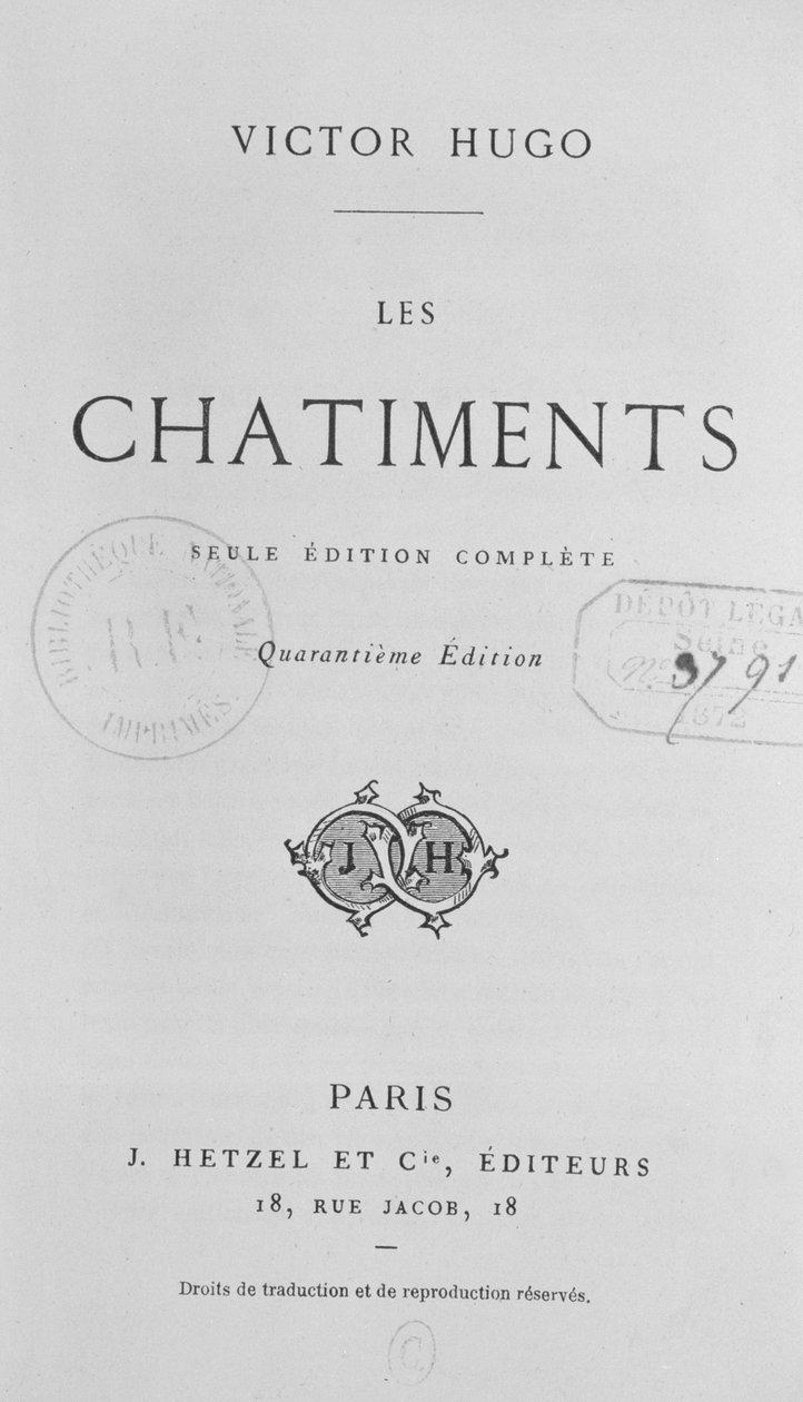 Tittelside av Les Chatiments (1853) av Victor Hugo (1802-85), 40. utgave utgitt av J. Hetzel, 1872 av French School
