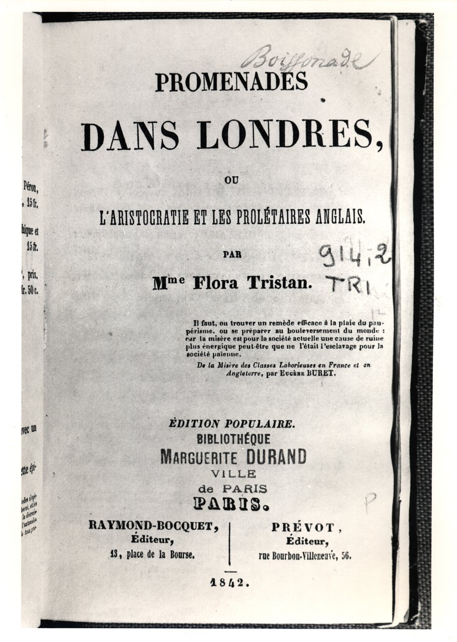 Tittelside til Promenades dans Londres av Flora Tristan (1803-44), utgitt i Paris av Raymond-Bocquet et Prevot, 1842 av French School