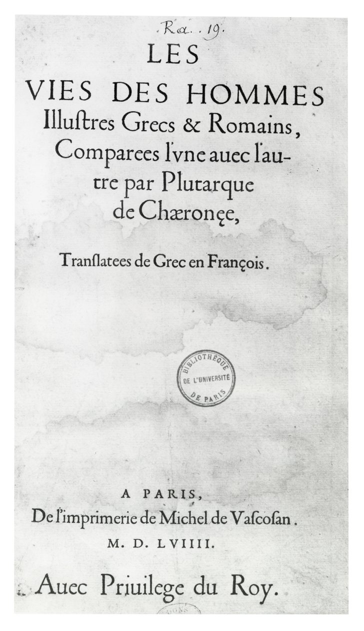 Tittelside til The Lives of Noble Grekers and Romans, av Plutarch, trykt av Michel de Vascosan av French School