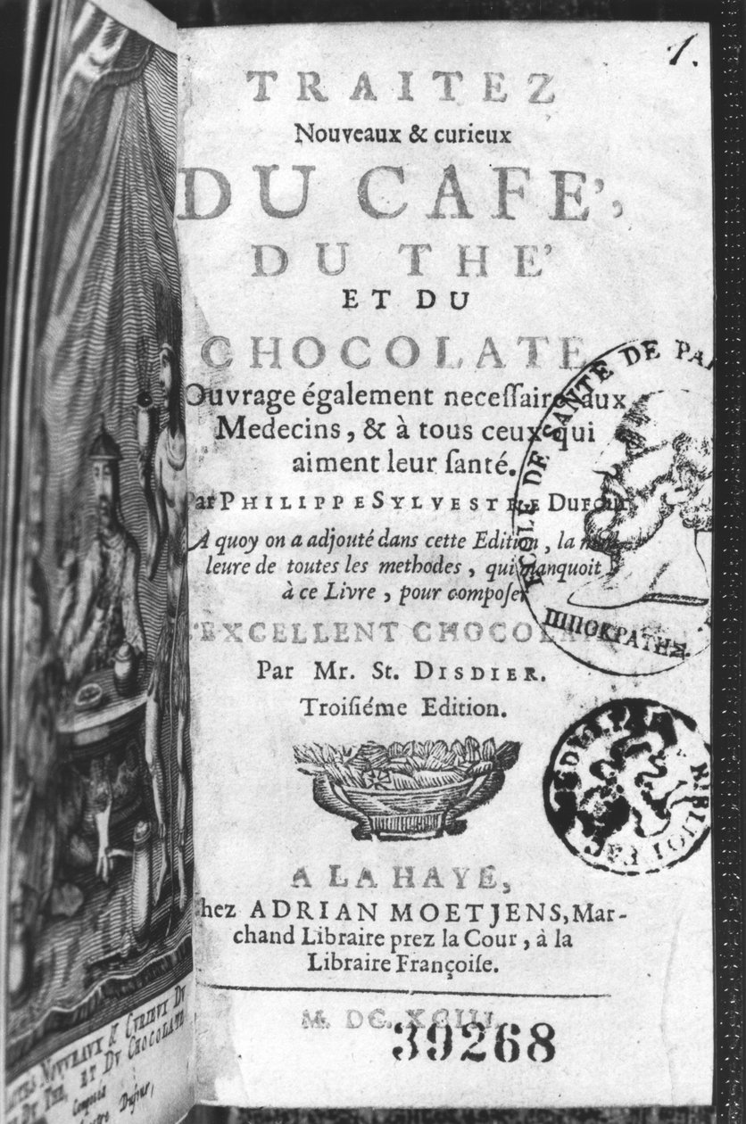 Tittelside til New and Curious Treatise on Coffee, Tea and Chocolate av Philippe Sylvestre Dufour, La Haye, utgitt 1693 av French School
