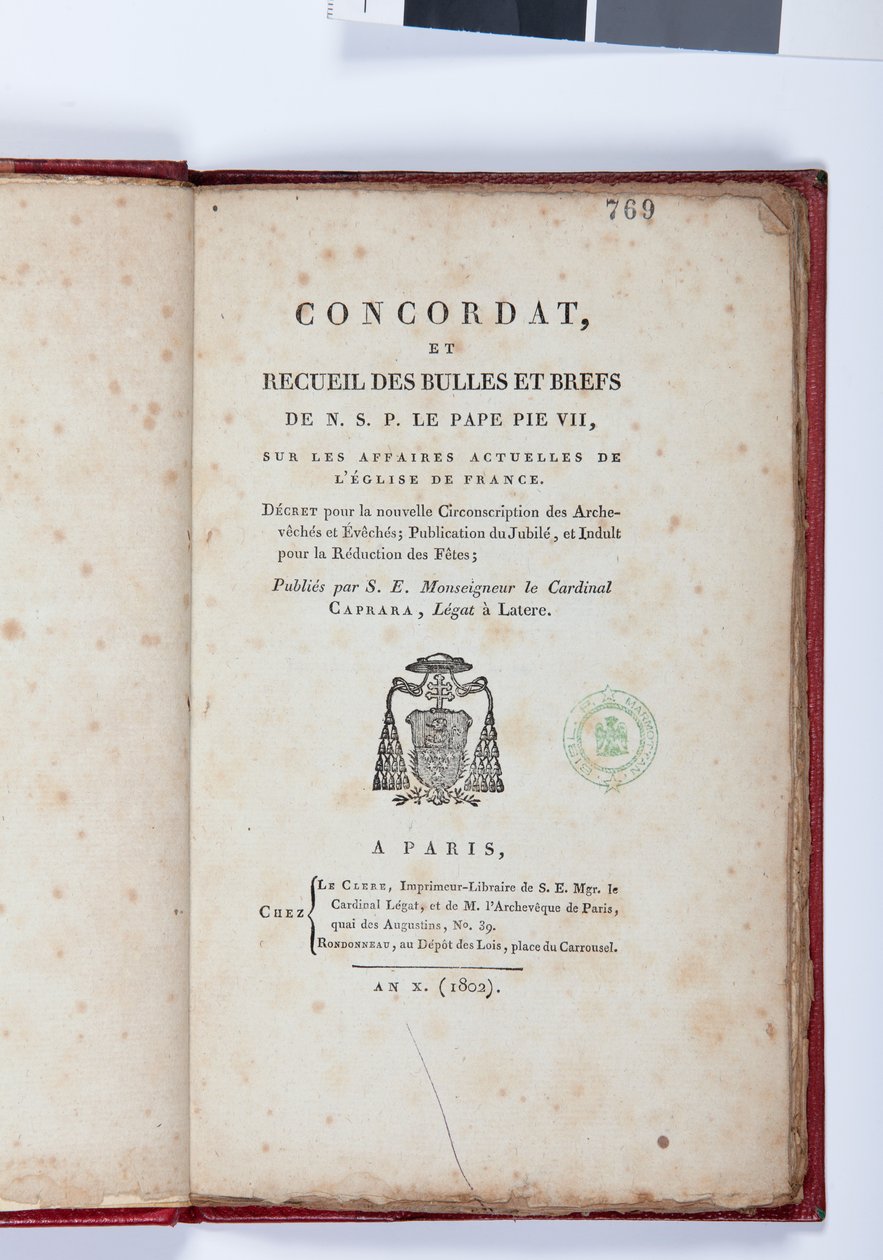Tittelsiden til Concordat et Recueil des Bulles et Briefs de N.S.P. le Pape Pius VII, utgitt av Giovanni Battista Caprara, Paris, Chez Le Clers, 1802 (trykt papir) av French School