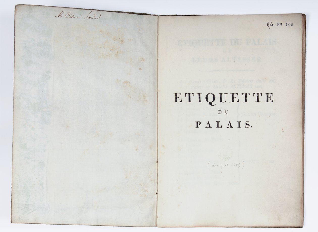Tittelside til Etiquette du Palais, Lucca, 1805 (trykt papir) av French School