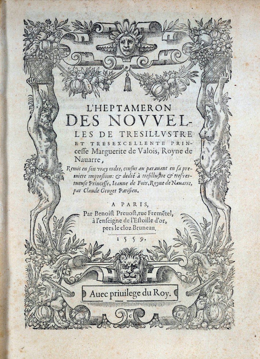 Tittelside til "" the Heptameron""": historier eller nyheter av Margarita av Navarre (Marguerite av Valois, Marguerite av Angouleme eller Marguerite av Frankrike (1492-1549) dronning av Navarra og poetinne av French School