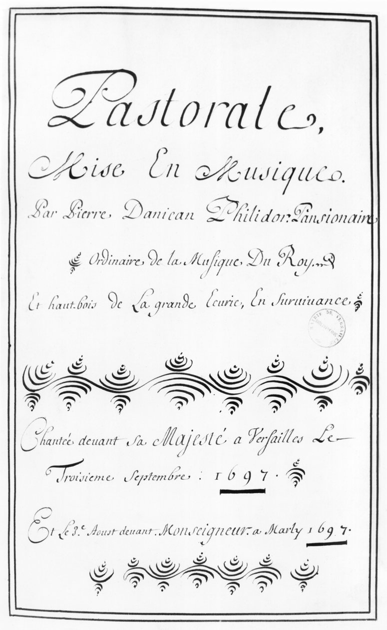 Tittelsiden til Pastorale av Pierre Danican Philidor (1681-1731) 1697 av French School