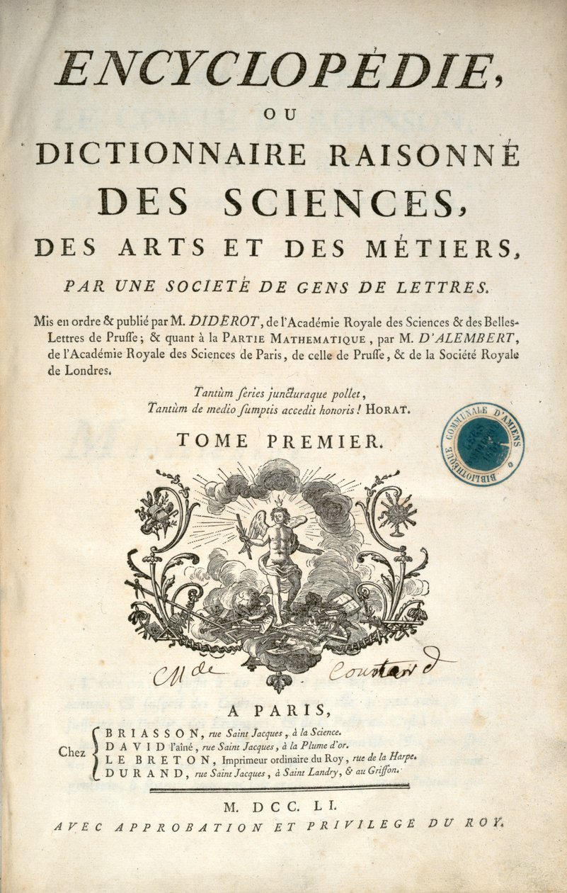 Tittelside til første bind av Encyclopedia av Denis Diderot og Jean le Rond dAlembert, 1751 av French School