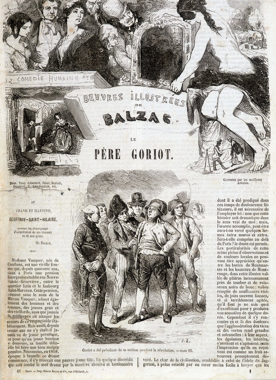 Tittelside til den originale utgaven av Balzacs roman "" Faderen Goriot"" i "" Illustrerte verk av Balzac"": "" Goriot var president for seksjonen under revolusjonen"" . ¿ av French School