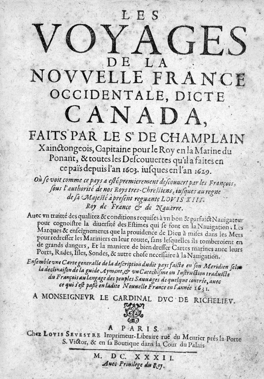 Tittelside for The Voyages of New France... publisert 1632 (trykk) av French School