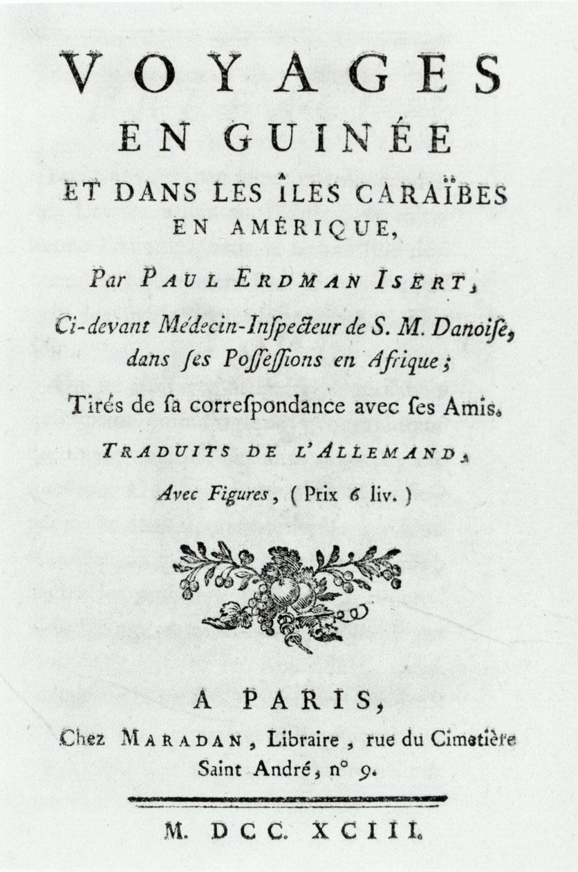 Tittelside for Travels in Guinea and the Caribbean Islands in America av Paul Erdman Isert, utgitt 1743 av French School
