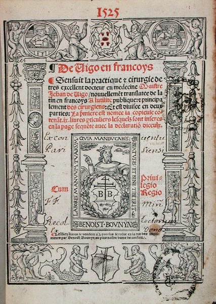 Tittelside fra en bok om kirurgi av Jean de Vigo (1460-1525) 1525 (tresnitt) av French School