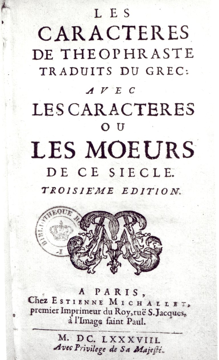 Tittelsiden til The Characters of Theophraste oversatt fra gresk, med Characters or the customs of this century av La Bruyere (1645-96) 1688 av French School