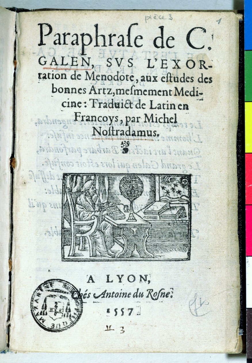 Tittelside til Paraphrase de C. Galien av Michel de Nostradame (Nostradamus) (1503-66) 1557 av French School