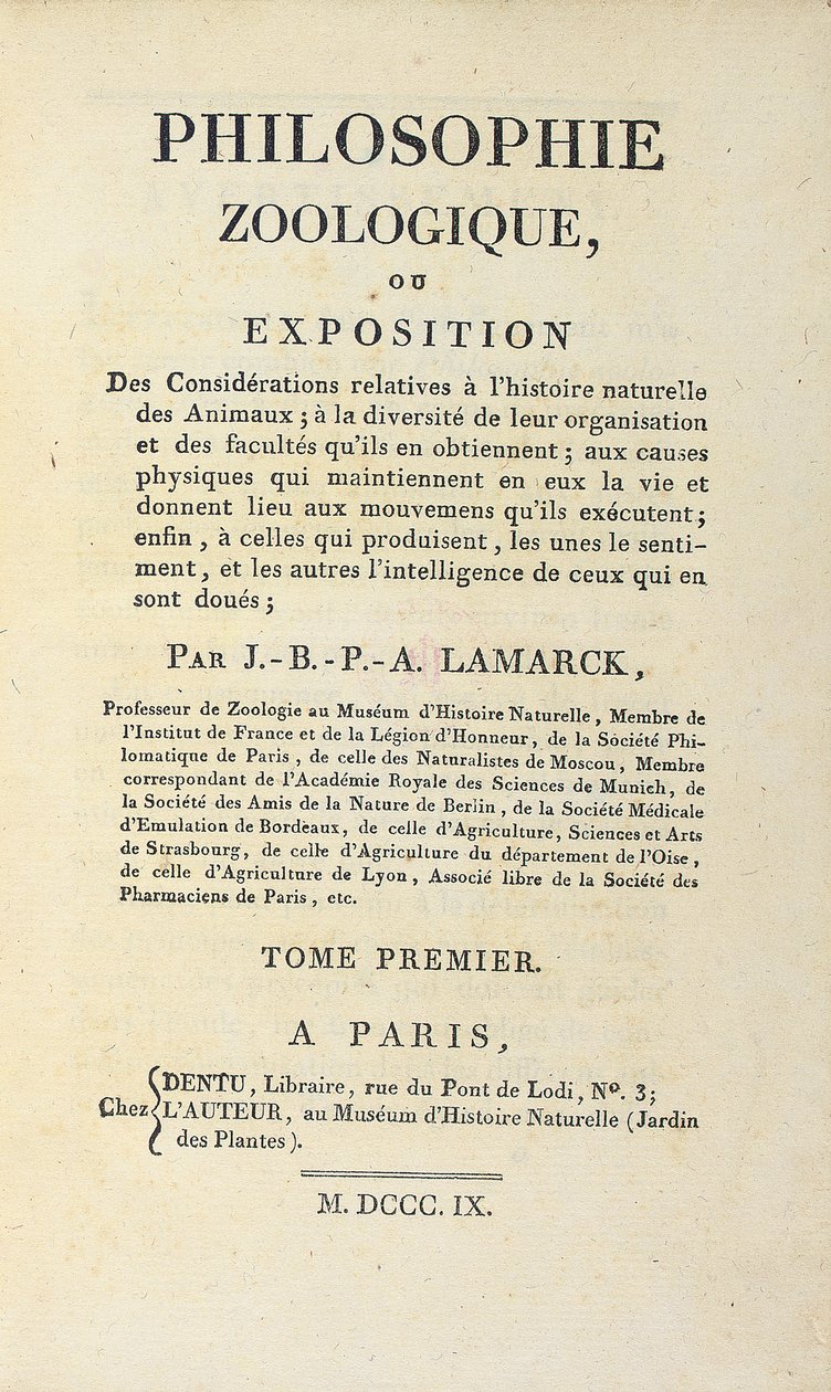 Tittelsiden til "Zoological Philosophy" av Jean-Baptiste Lamarck, utgitt i Paris, 1809 av French School