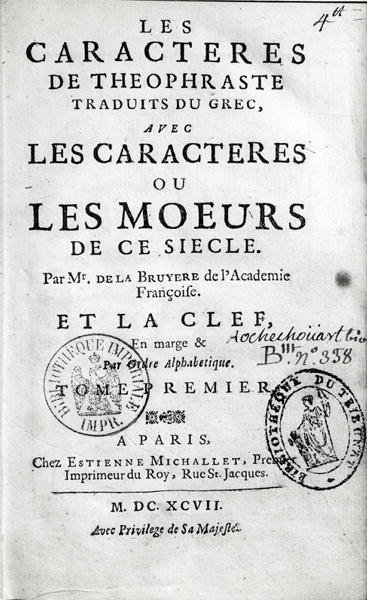 Tittelsiden til Theophrastuss Les Characteres ou les Moeurs oversatt av Jean de la Bruyere (1645-96) 1697 av French School