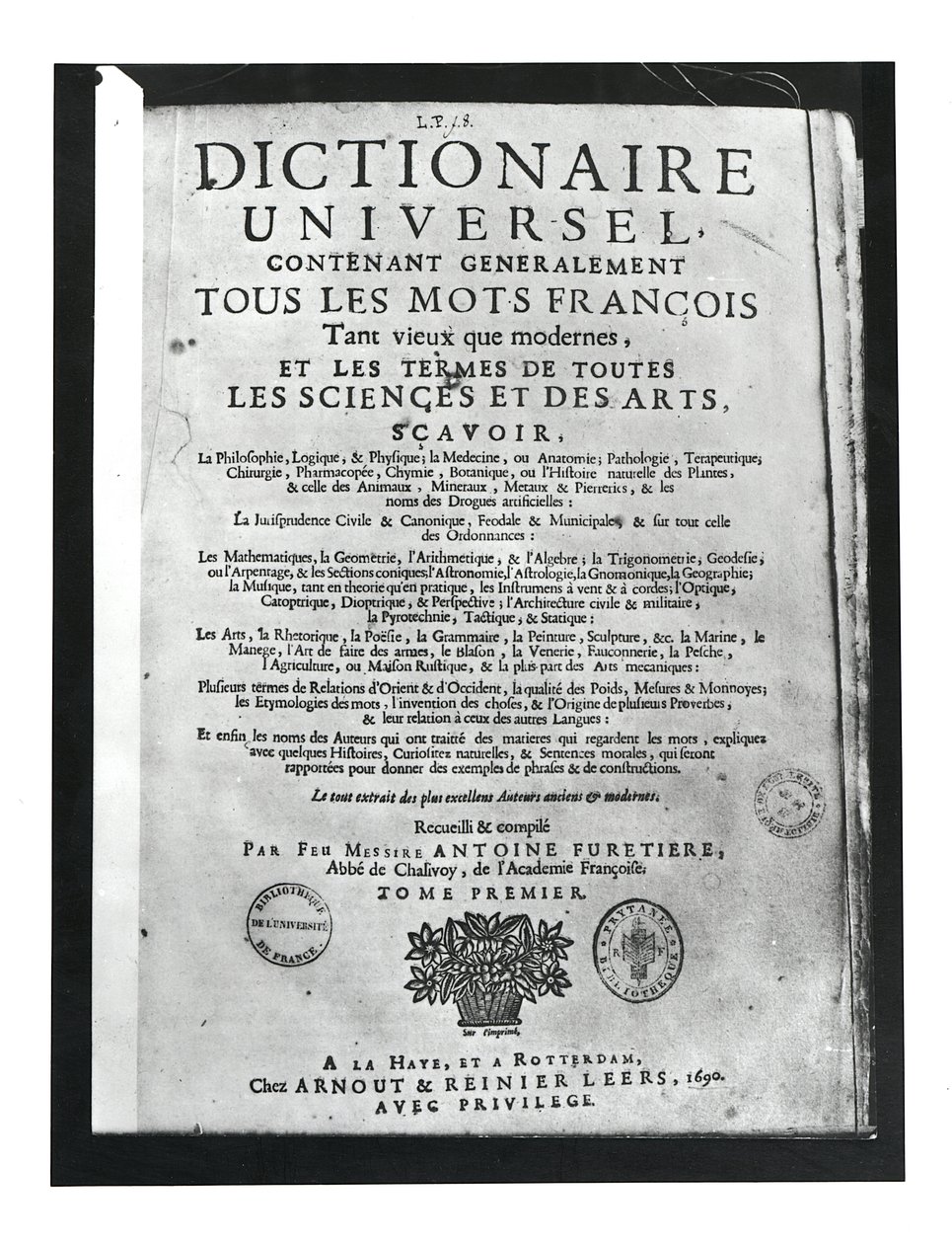 Tittelsiden til Dictionnaire Universel av Antoine Furetiere (1619-88) 1690 (trykk) av French School