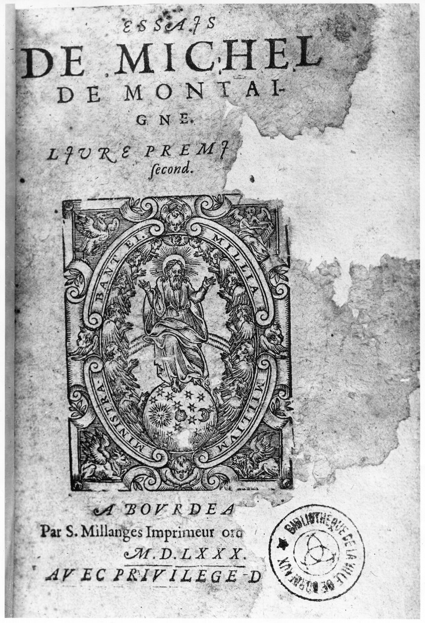 Tittelside for den første utgaven av Essais av Michel de Montaigne (1533-92) 1580 av French School