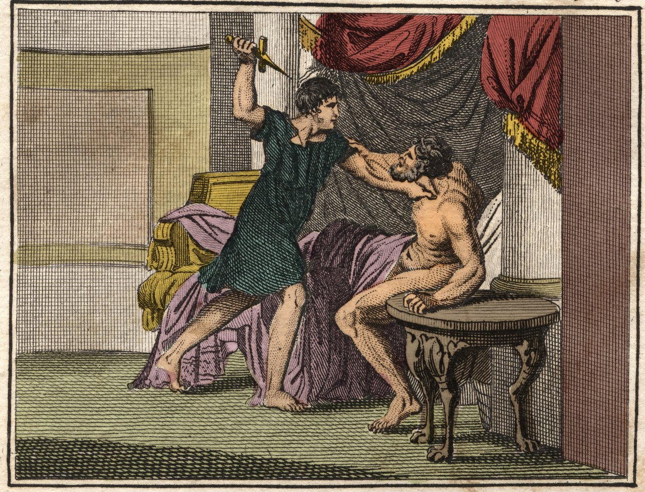 Titus Manlius Torquatus (konsul i 347 f.Kr.) bevæpnet med en kniv, tvinger tribunen Marcus Pomponius til å trekke tilbake beskyldninger mot hans far Lucius Manlius Capitolinus Imperiosus, som kom med av French School