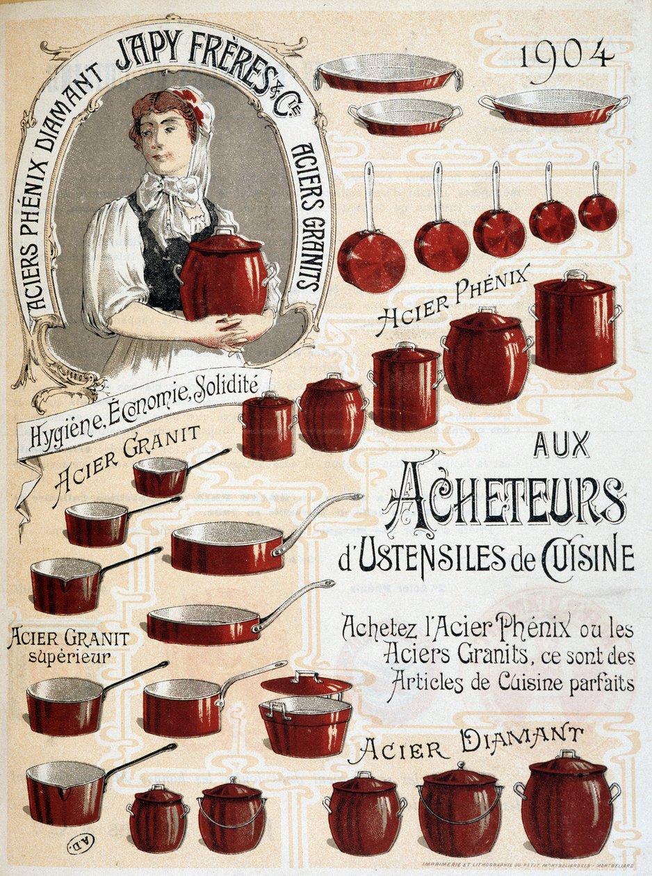 Til kjøpere av kjøkkenutstyr. Kjøp Phenix Steel eller Granite Steel, dette er perfekte kjøkkenartikler - Reklameetikett av French School