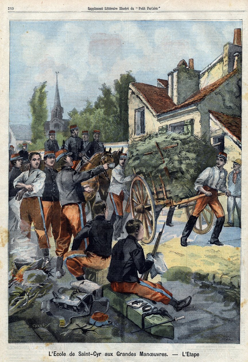 For å gi en idé om livet til en soldat i felten, blir elevene ved Saint Cyr-skolen sendt på en manøver for å utføre sine egne forsyningsoppgaver. Gravering i "Le Petit Parisien" 01.09.1901 (gravering) av French School
