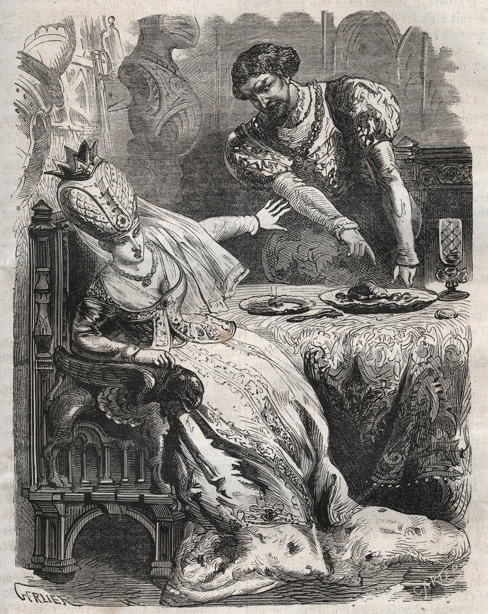 For å ta hevn for utroskapen til hans kone, Gabrielle de Vergy, får Eudes de Fayel ham til å spise uten hans viten hjertet til sin elsker, Raoul de Coucy. Scene av en legende fra 1100-tallet ifølge hvilken Raoul I de Coucy (etter 1142-1191) ba om at h av French School