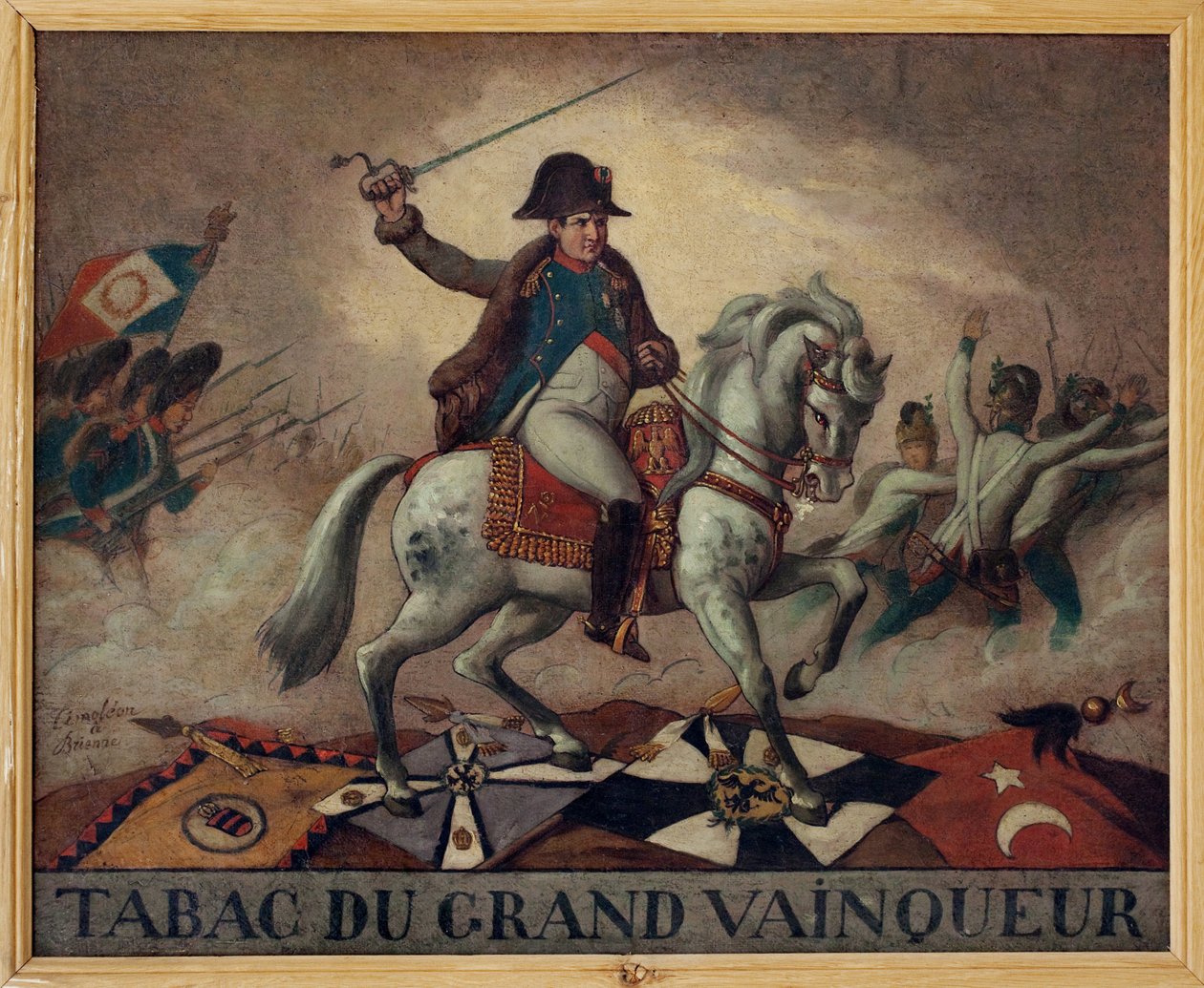 Til den store vinnertobakken. (rytterportrett av Napoleon Bonaparte (1769-1821), som leder troppene sine til kamp. På baksiden av lerretet et kvad: "" Suksessen til hans virksomheter,/Hans seire i hundre kamper,/Har ingen andre hemmeligheter/En ta av av French School