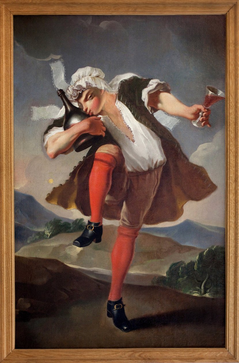 Til de tre ordener gjenforent. En mann som representerer presten, noblessen og den tredje staten holder et glass rødvin og kysser en flaske. Malt skilt av vinhandler. Anonymt maleri, revolusjonær periode av French School