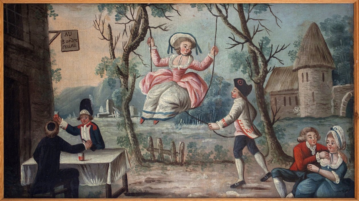 Til de tre ordener gjenforent. Presten, adelen og den tredje staten (den tredje staten) ble gjenforent i en taverna. En ung kvinne svinger henne. Malt tegn av cocardes kjøpmann, ville komme fra det kongelige slott, anonym maleri, revolusjonær periode av French School