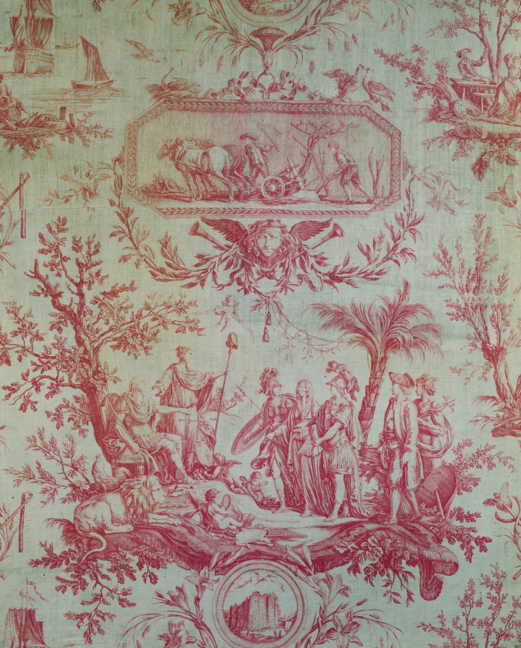 Toile de Jouy (etter design av Jean-Baptiste Huet 1772-1793), Illustrerende en allegori av Louis XVI (1754-1793), konge av Frankrike, gjenoppretter av frihet i februar 1790 (trykt bomull) av French School