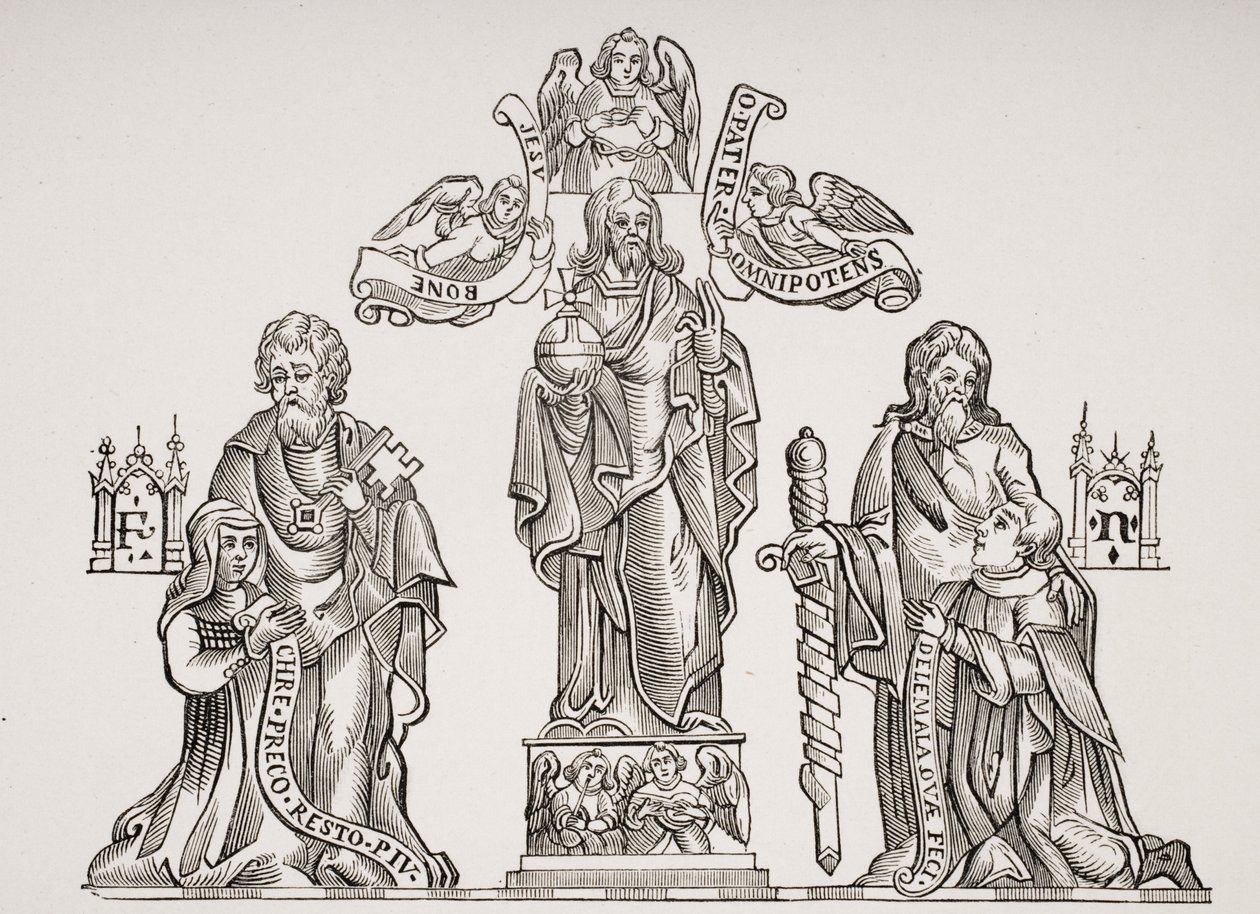 Gravdekorasjon som viser Nicholas Flamel (ca. 1330-c. 1418) og hans kone Pernelle, etter dekorasjoner på de uskyldiges kirkegård, Paris, fra Le Moyen Age et La Renaissance av Paul Lacroix (1806-84) av French School