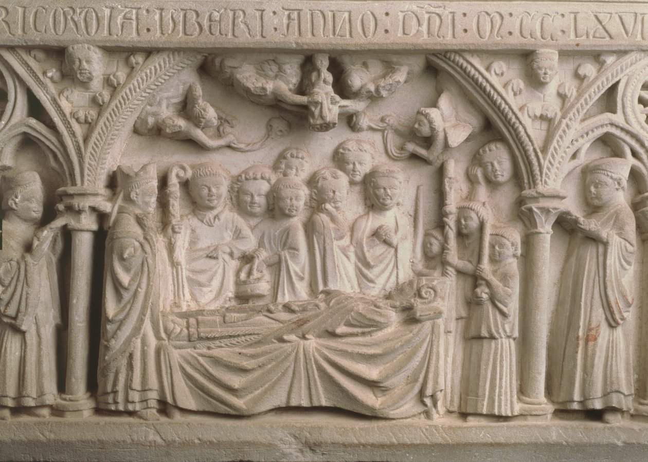 Biskop Radulphes grav (d.1266), detalj fra sarkofagen som viser en prosesjon og det å ta Radulphes sjel til himmelen (se også 171276) av French School