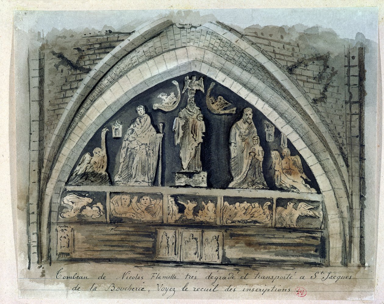 Graven til Nicolas Flamel (ca. 1330-1418) ved Cimetiere des Innocents (wc på papir) av French School