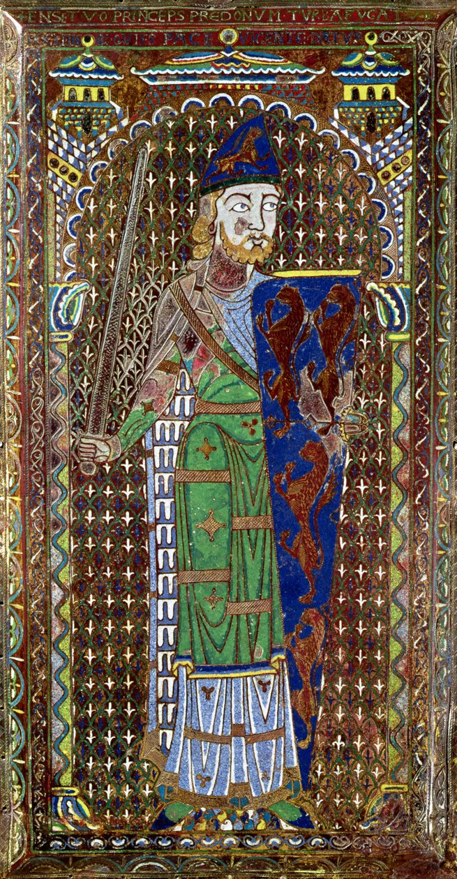 Gravplakett til Geoffrey Plantagenet (1113-51) fra katedralen St. Julien, Le Mans, ca. 1151-55 (emalje på forgylt kobber) (se også 179331) av French School