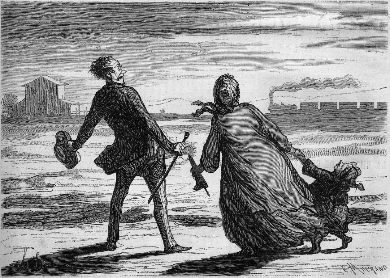 Too late! : a family just missed its train. Cartoon by Honore Daumier (1808-1879). Engraving in “” Le Monde Illustré”” n°286 of October 4 av French School