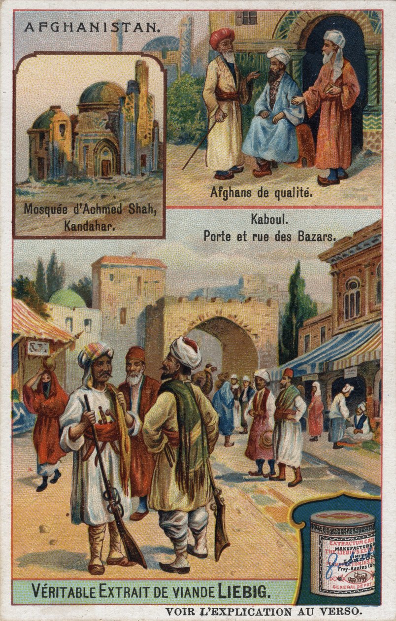Øverst: Achmed Shah-moskeen i Kandahar og portretter av rike afghanere. Nederst: Kabul-basaren i Afghanistan. Reklamekromolitografi fra 1800-tallet. av French School