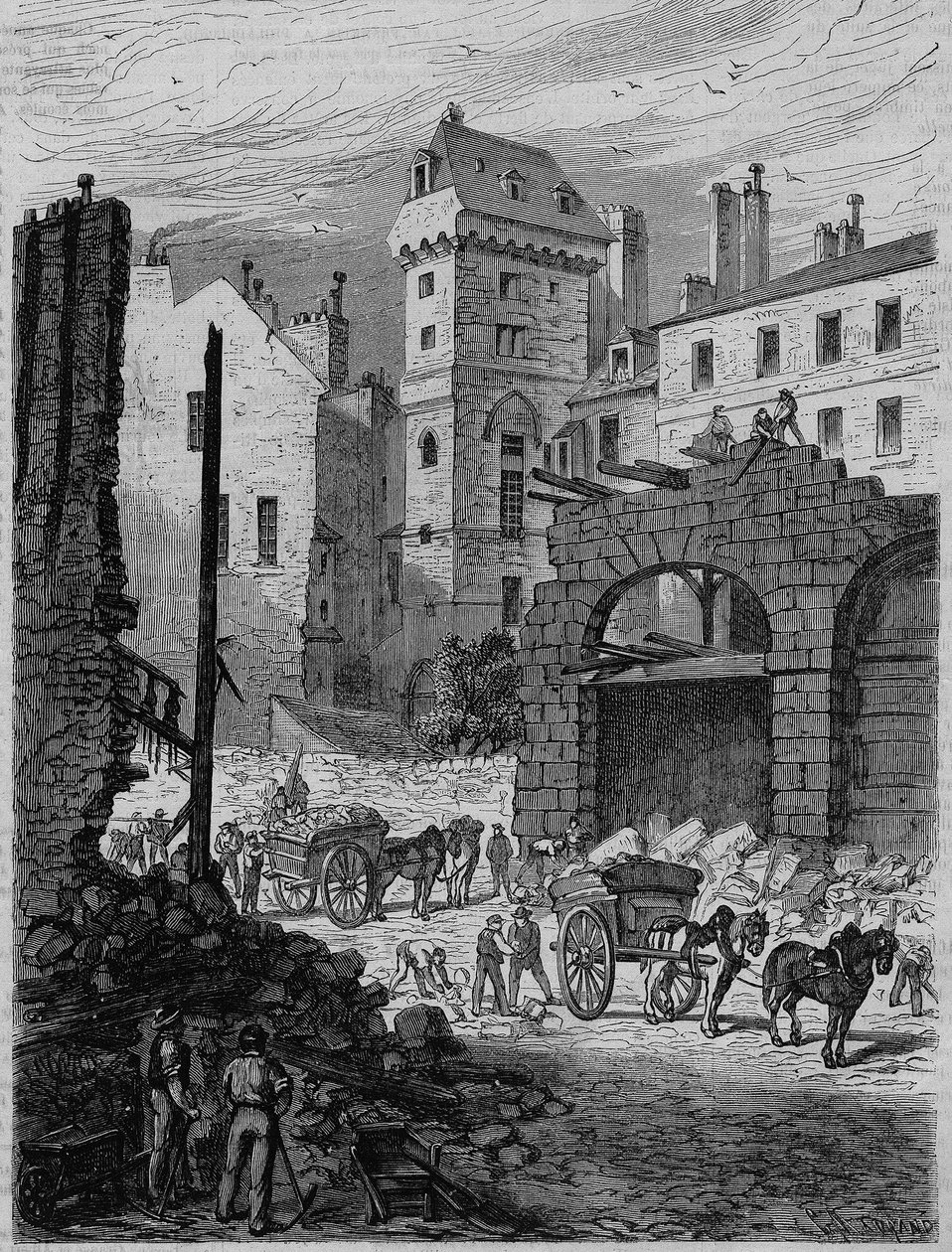 Tour Jean Sans Peur, last vestige of the Hôtel de Bourgogne, during the piercing of rue Etienne Marcel, Paris. Engraving av French School