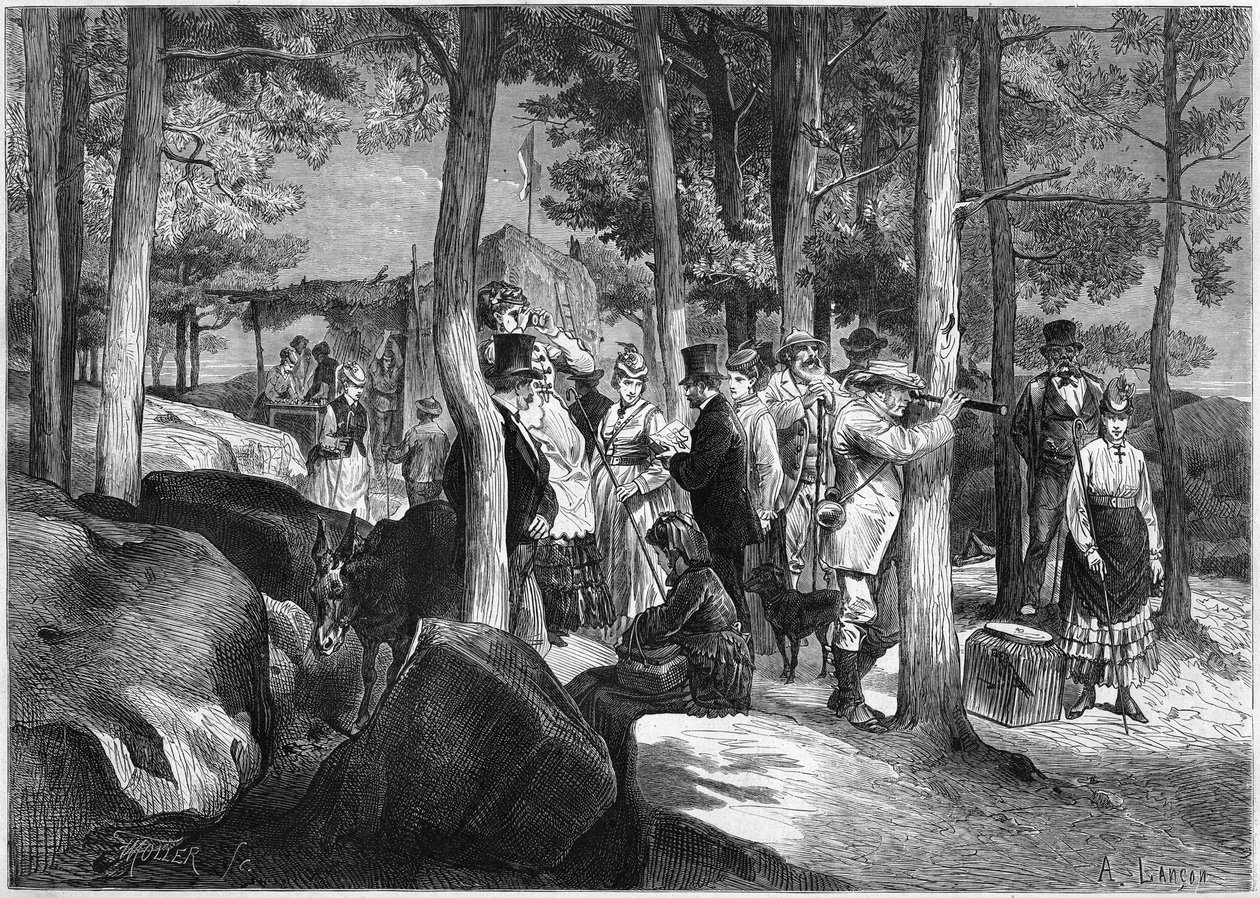 Turister ved kløftene i Apremont, nær inngangen til hulen, i skogen til Fontainebleau av French School