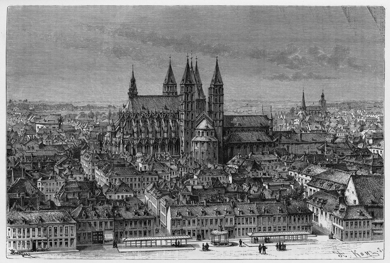 Tournai: utvendig utsikt over Notre-Dame (Notre Dame) og panorama av byen. Gravering av Barclay, for å illustrere historien "" Belgia "", av Camille Lemonnier (1844-1913) belgisk forfatter. Publisert i Le Tour du monde, nouveau journal  av French School