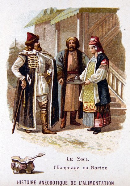 Tradisjonelt russisk tilbud av brød og salt til en besøkende (farge litho) av French School