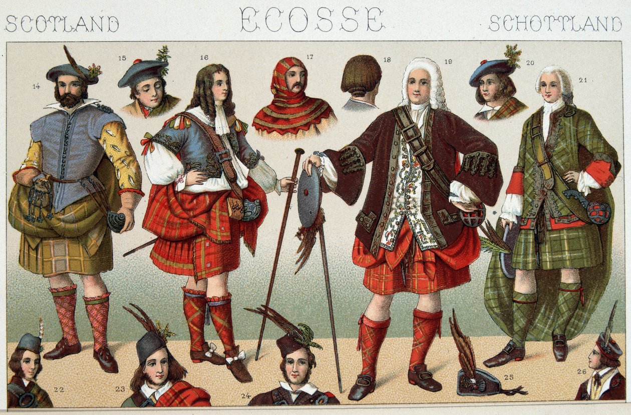 Tradisjonelle skotske kostymer - i "" Le costume historique"" av Racinet av French School
