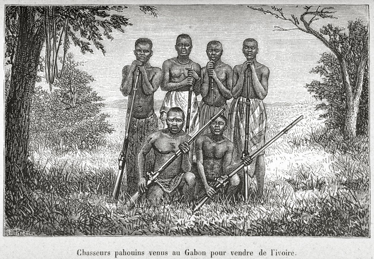 Tradisjonell drakt av urbefolkningen i Gabon, illustrasjon fra 