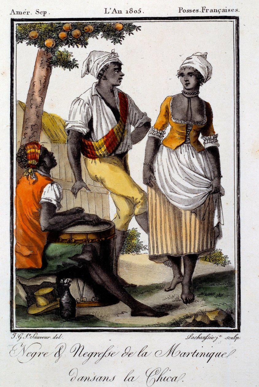 Tradisjonell dans: Martiniques innbyggere danser chica. Gravering fra 1805. Chartres, Museum of Fine Arts av French School
