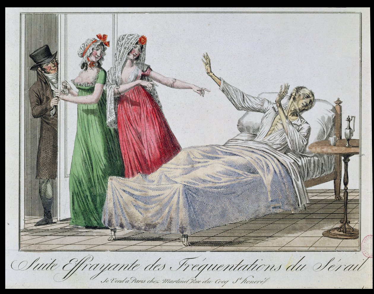 Tragisk konsekvens av å besøke bordeller, karikatur av en syfilitt, ca. 1800 (fargegravering) av French School