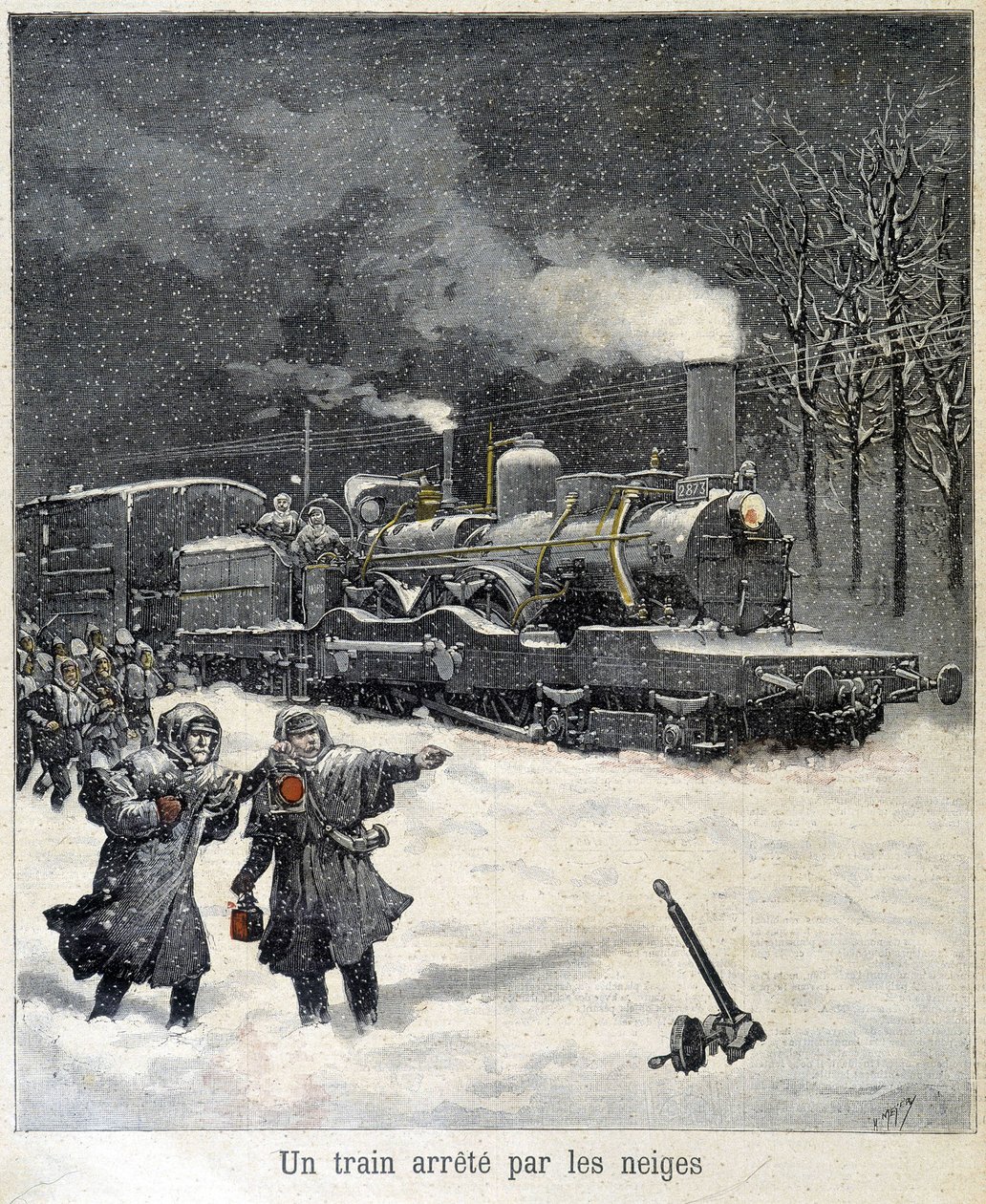 Tog tvunget til å stoppe av snø. Illustrasjon av avisen "" Le Petit Parisien"" fra mars 1892. av French School