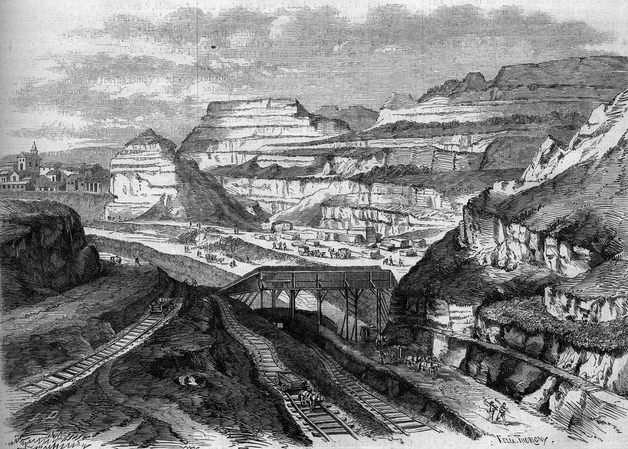 Transformasjoner av Paris under det andre imperiet, Haussmann-Paris: transformasjon til en park av Buttes-Chaumont gipsbrudd (Buttes Chaumont). Gravering i ""Le Monde Illustre"" nr. 306 av 21. februar 1863. av French School