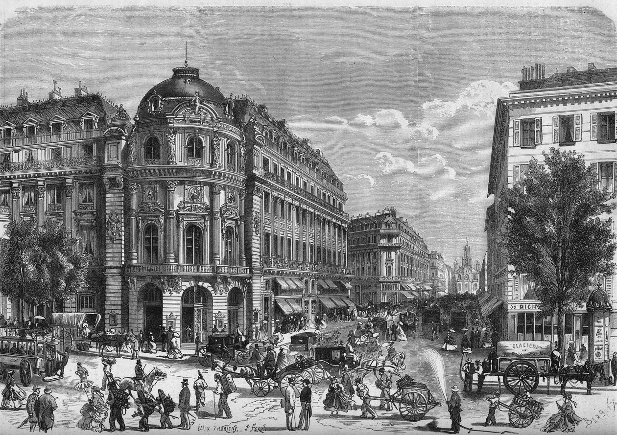 Transformasjoner av Paris under det andre imperiet, Haussmann-Paris: utsikt over Boulevard des Italiens, på høyden av Chaussee d'Antin (Chaussée-d'Antin), med det nye Vaudeville-teatret av French School
